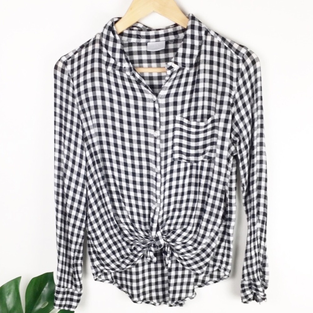 NWT Abound Plaid Long Sleeve Tie Front Knot Tee Check XS Gingham Black White v6x